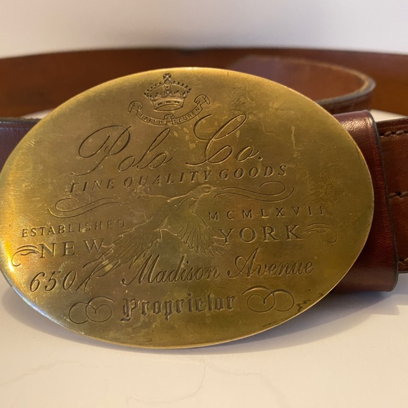 RALPH LAUREN Brown Leather Engraved Brass Buckle Belt Size 36/90 Made In 1967. main image 11